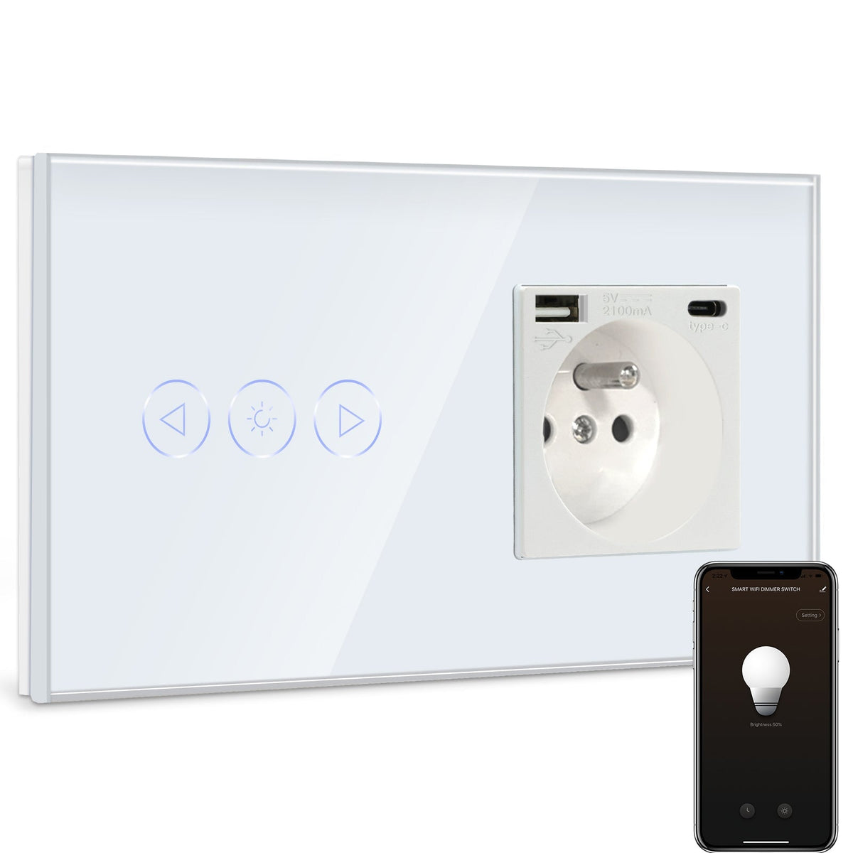 BSEED Smart WiFi Dimmer Light Switch With Normal France Socket with USB C Port Light Switches Bseedswitch White