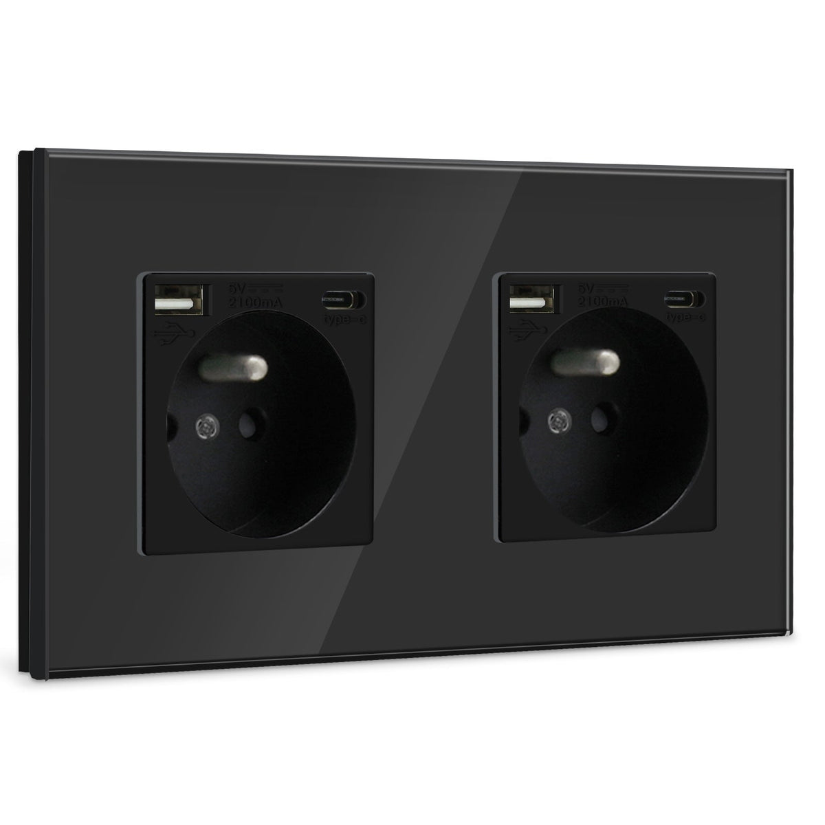 BSEED FR Wall Sockets Type-C Interface Outlet Wall Socket With Charge Port With USB Power Outlets Kids Protection 16A Wall Plates & Covers Bseedswitch black Glass Double