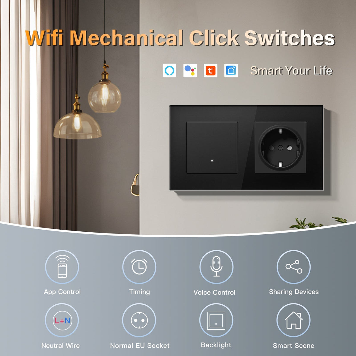 alt
Echo Series slimme wifi-schakelaar met EU enkel stopcontact, 157mm stroomuitgangen & stopcontacten Bseedswitch