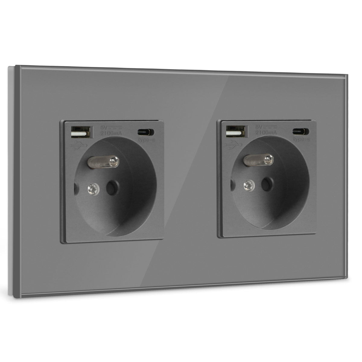 BSEED FR Wall Sockets Type-C Interface Outlet Wall Socket With Charge Port With USB Power Outlets Kids Protection 16A Wall Plates & Covers Bseedswitch grey Glass Double