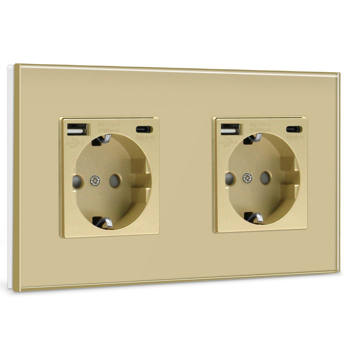 Tomada de parede dupla BSEED padrão UE com interface Type-C de 2.1A, cor dourada.