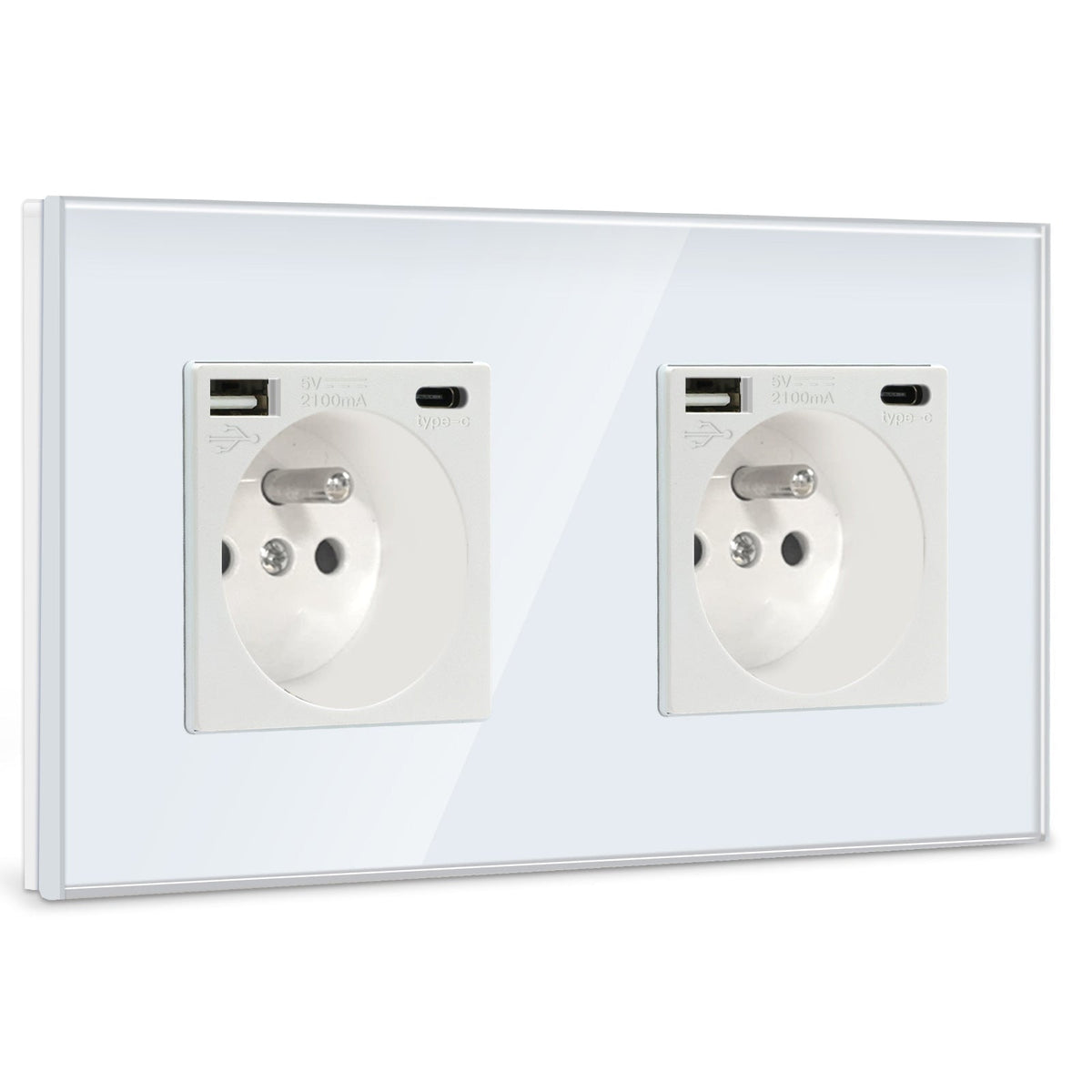 BSEED FR Wall Sockets Type-C Interface Outlet Wall Socket With Charge Port With USB Power Outlets Kids Protection 16A Wall Plates & Covers Bseedswitch white Glass Double