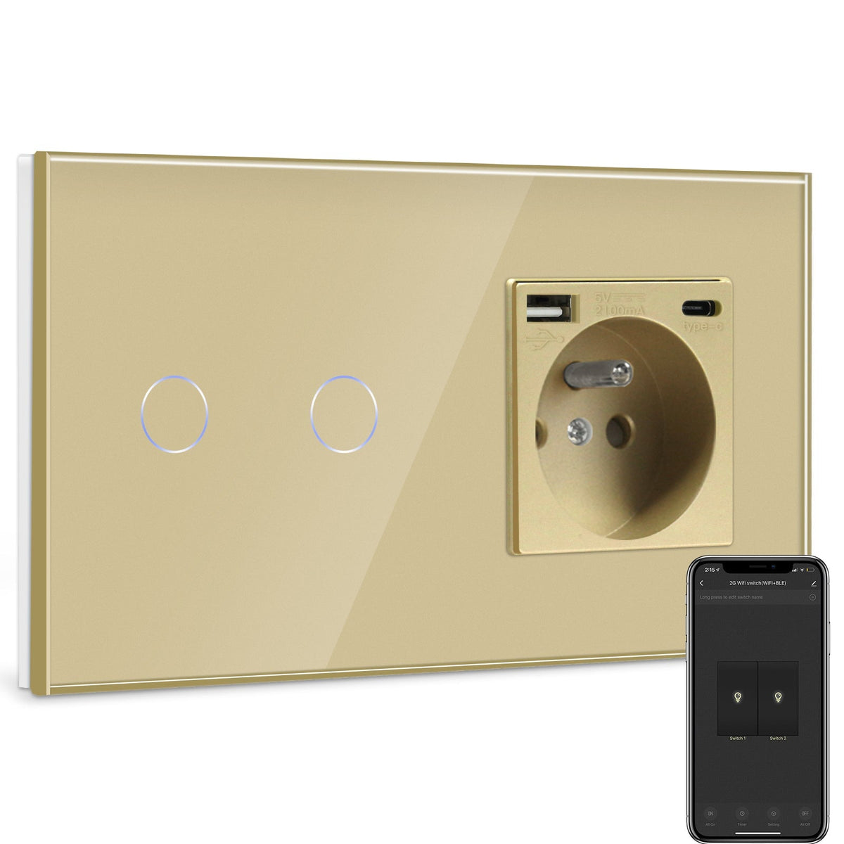 BSEED Smart Wifi Touch Light Switch Plus France Wall USB Socket Type-c Switch Work with Smart Life Google Alexa App Control Light Switches Bseedswitch Gold 2 Gang
