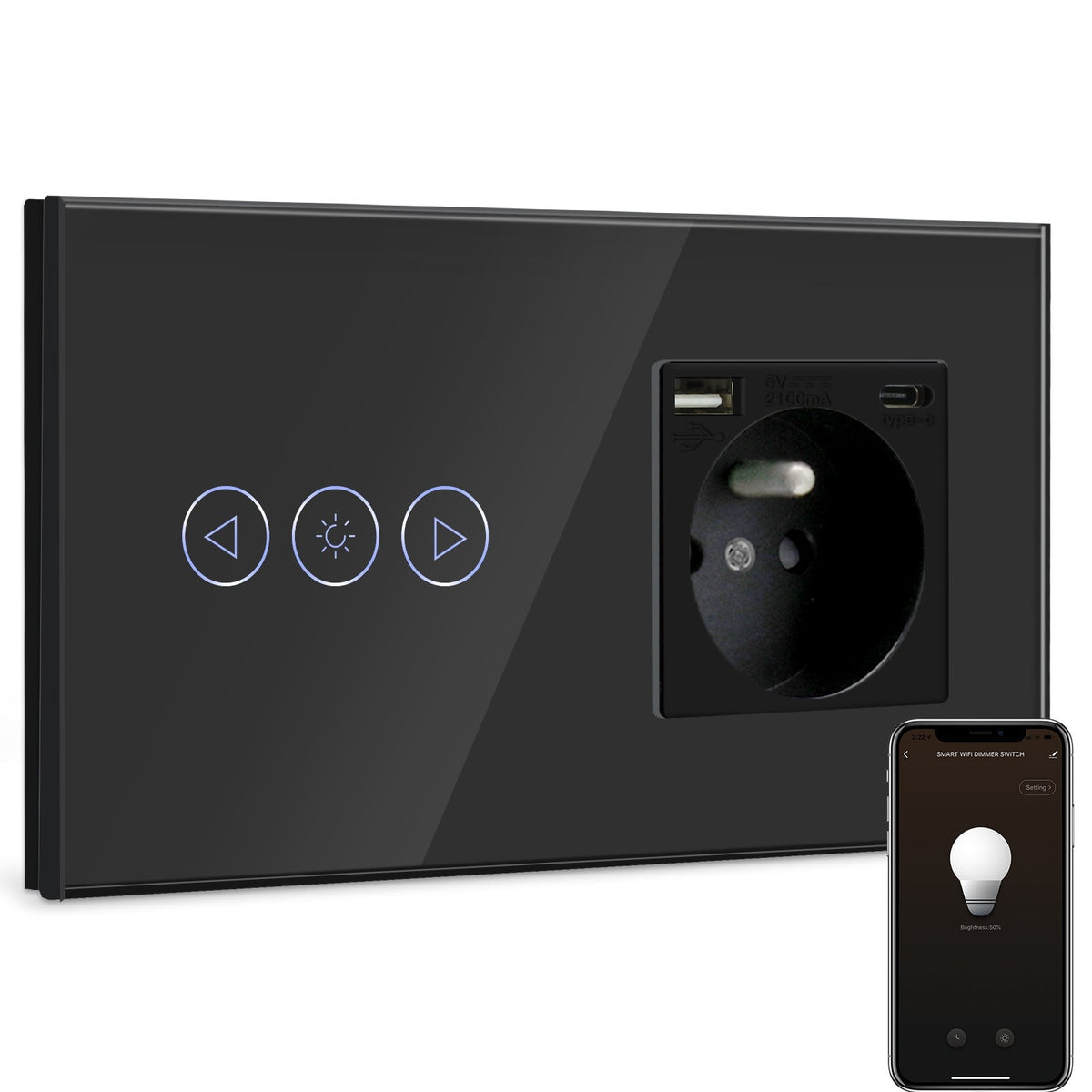 BSEED Smart WiFi Dimmer Light Switch With Normal France Socket with USB C Port Light Switches Bseedswitch Black