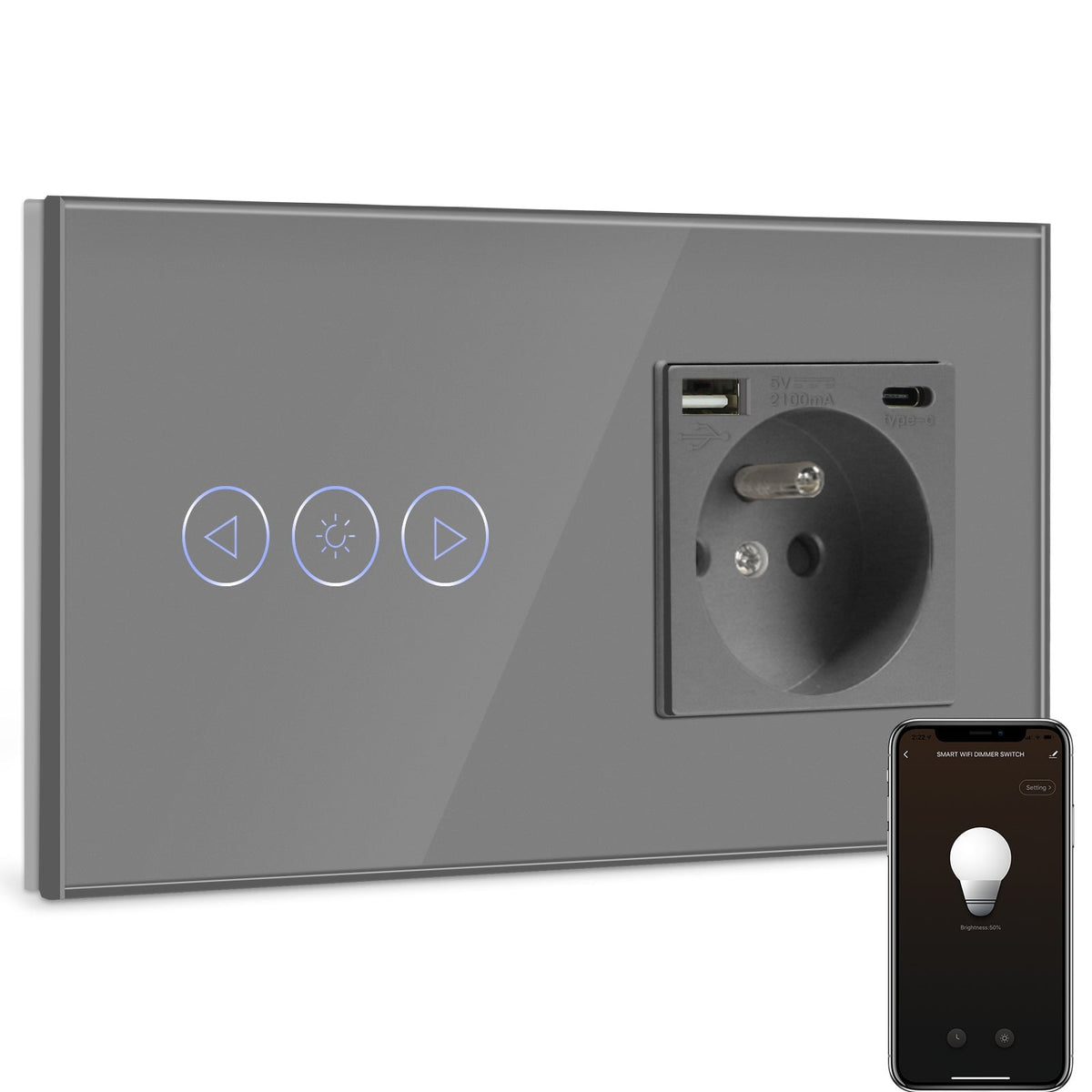 BSEED Smart WiFi Dimmer Light Switch With Normal France Socket with USB C Port Light Switches Bseedswitch Grey