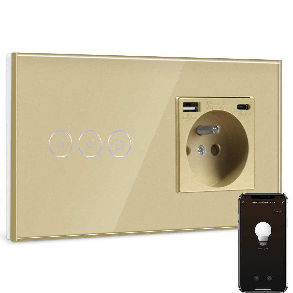 BSEED Smart WiFi Dimmer Light Switch With Normal France Socket with USB C Port Light Switches Bseedswitch Gold