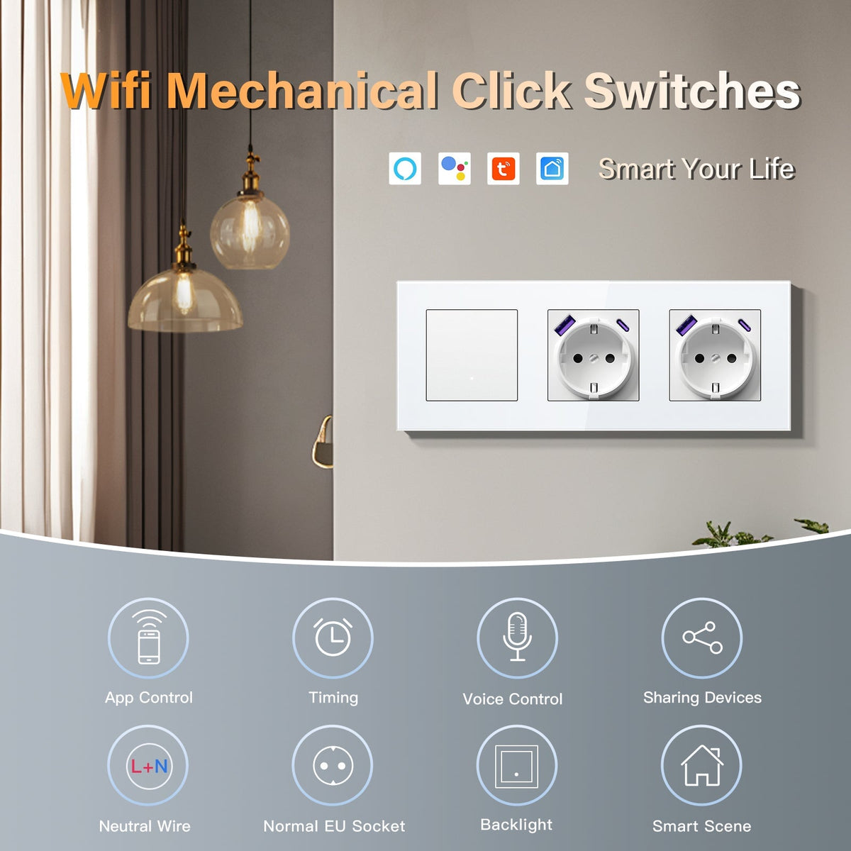 Interrupteur intelligent Echo Series Wifi avec double prise UE et port USB Type-C 20W Prises et interrupteurs 228mm Bseedswitch