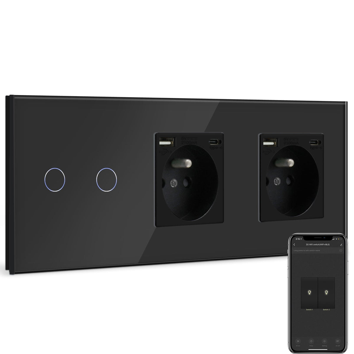 BSEED Smart WiFi Light Switch With Double Normal France Socket with USB C Port Light Switches Bseedswitch Black 2 Gang + socket