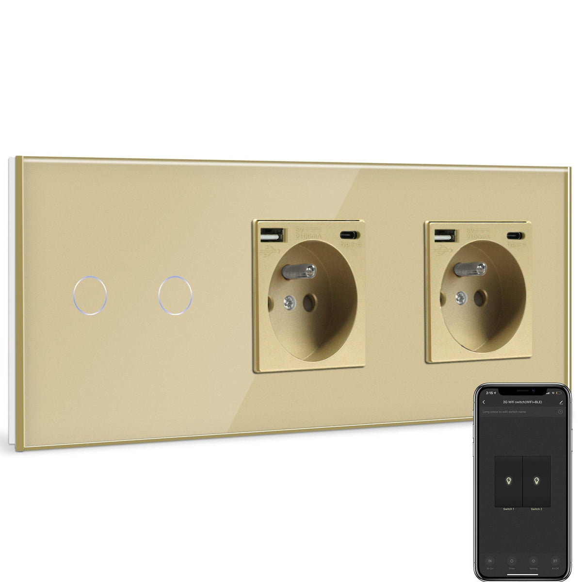 BSEED Smart WiFi Light Switch With Double Normal France Socket with USB C Port Light Switches Bseedswitch Gold 2 Gang + socket