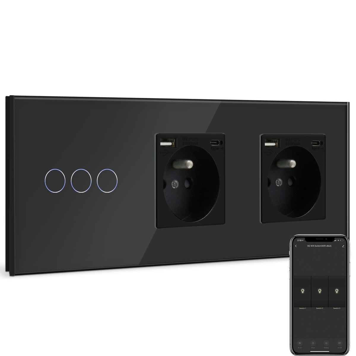 BSEED Smart WiFi Light Switch With Double Normal France Socket with USB C Port Light Switches Bseedswitch Black 3 Gang + socket