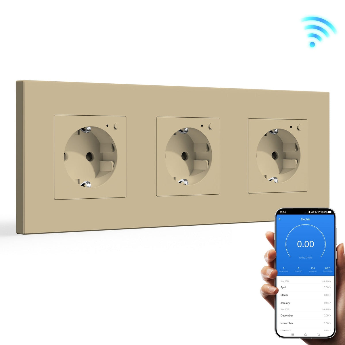 Bseed Wifi EU Standard Socket Wall Sockets With Energy Monitoring Power Outlets & Sockets Bseedswitch Gold Triple Plastic Panel