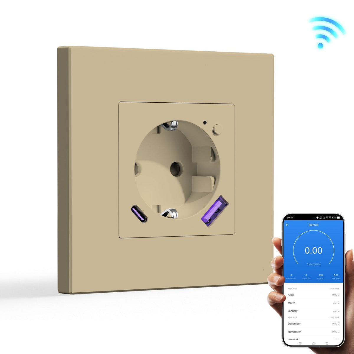 BSEED EU Wifi sockets Type-C With USB With Energy Monitoring socket Bseedswitch Gold Single Plastic