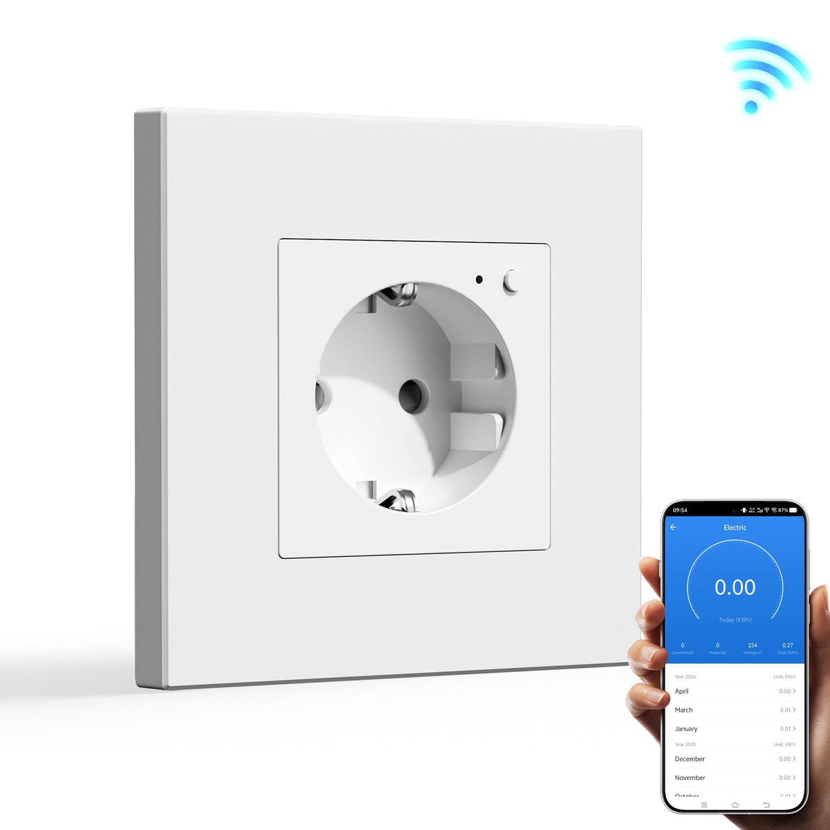 Bseed Wifi EU Standard Socket Wall Sockets With Energy Monitoring Power Outlets & Sockets Bseedswitch White Single Plastic Panel