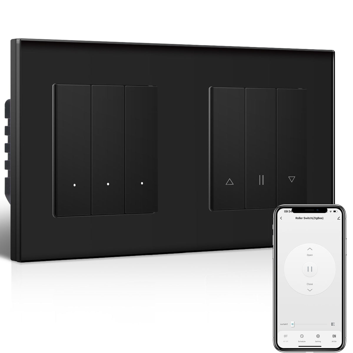 BSEED Smart Zigbee Light Switch with Blind roller shutter switch(With Neutral) Hub required Switch work with tuya Alexa Light Switches Bseedswitch Black 3 Gang + Blind Switch