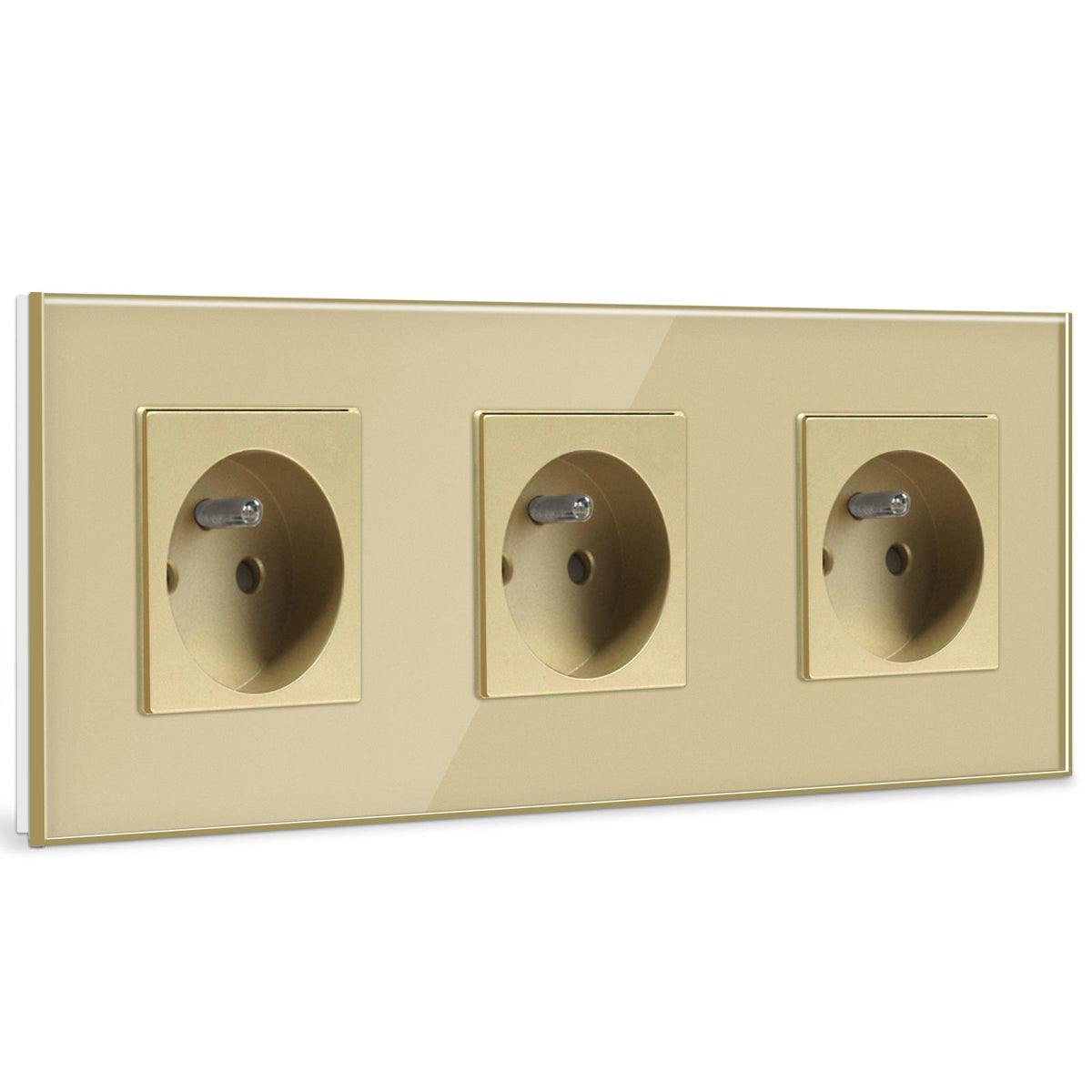 Prese elettriche da parete BSEED FR con protezione per bambini, 16A, placche e coperture, tripla in vetro dorato BSEEDswitch