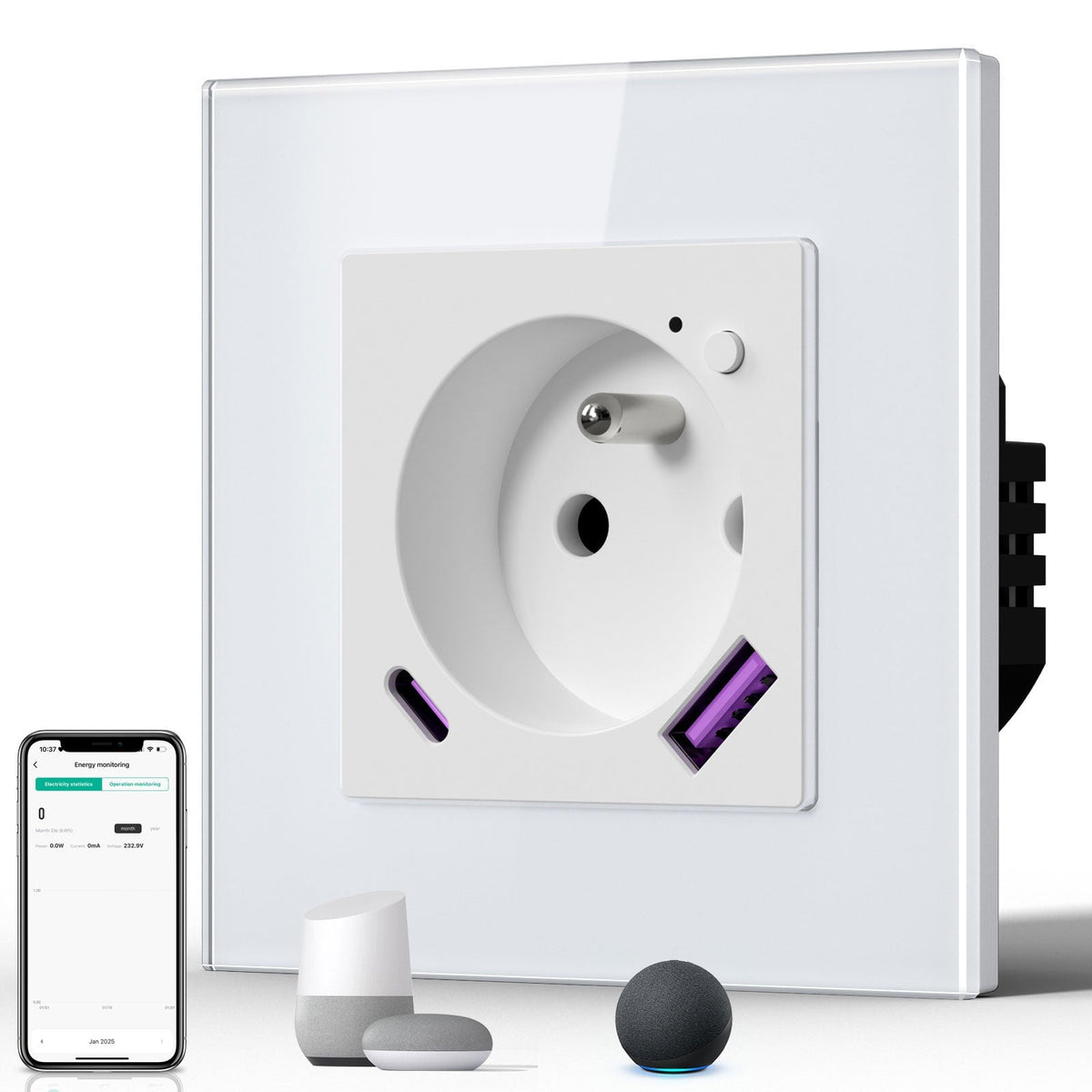 BSEED Echo Wifi FR Standards Socket with Energy Monitoring Smart wifi Electric Socket Work with Alexa Google Assitant socket Bseedswitch White Single