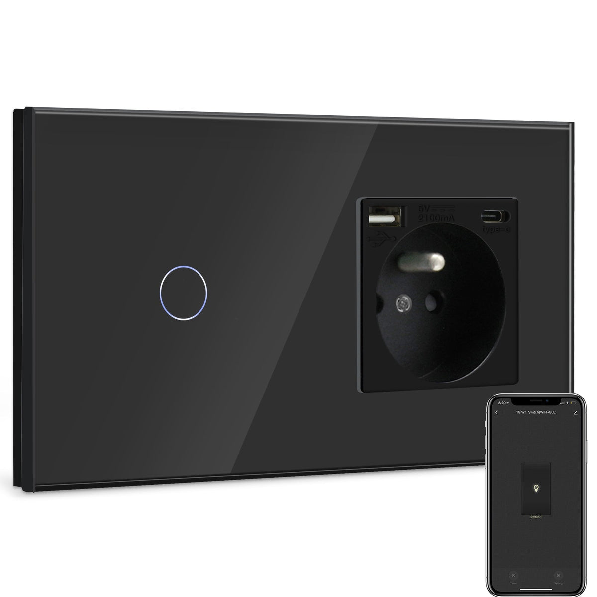 BSEED Smart Wifi Touch Light Switch Plus France Wall USB Socket Type-c Switch Work with Smart Life Google Alexa App Control Light Switches Bseedswitch Black 1 Gang