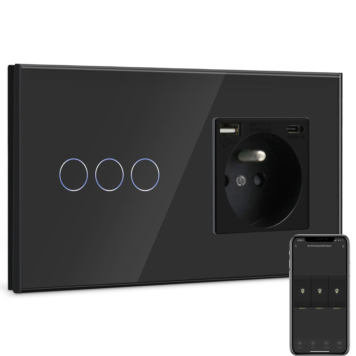 BSEED Smart Wifi Touch Light Switch Plus France Wall USB Socket Type-c Switch Work with Smart Life Google Alexa App Control Light Switches Bseedswitch Black 3 Gang