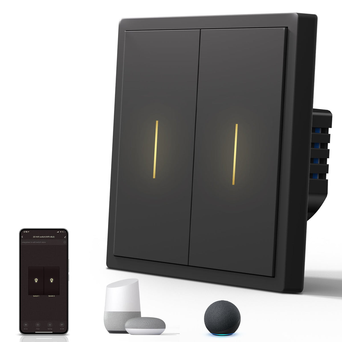 BSEED Scale Series Smart Zigbee Light Switch 2 Gang (With Neutral) Light Switches Bseedswitch Black 1 PCS/Pack