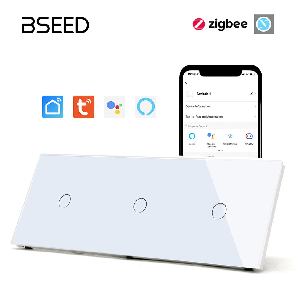 BSEED Zigbee Light Switches Triple 1/2/3 Gang Smart Wall Switches Wall Touch Switch ZigBee Smart Life Tuya Google Alexa Glass Light Switches Bseedswitch 