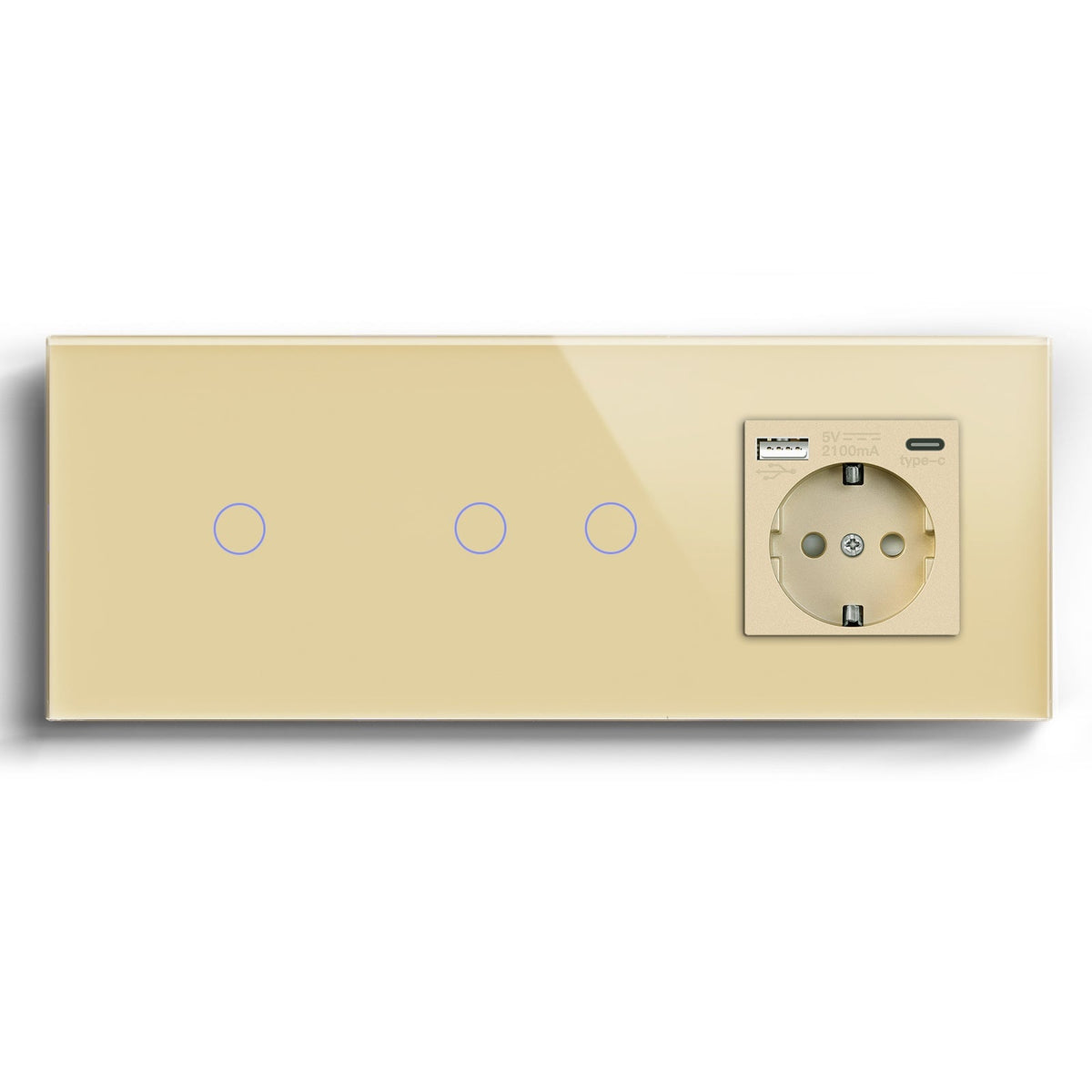 Double Wifi Light Switch neutral line with Eu socket type-c Plug 2.1A 228mm Light Switches Bseedswitch Gold 1Gang+2Gang