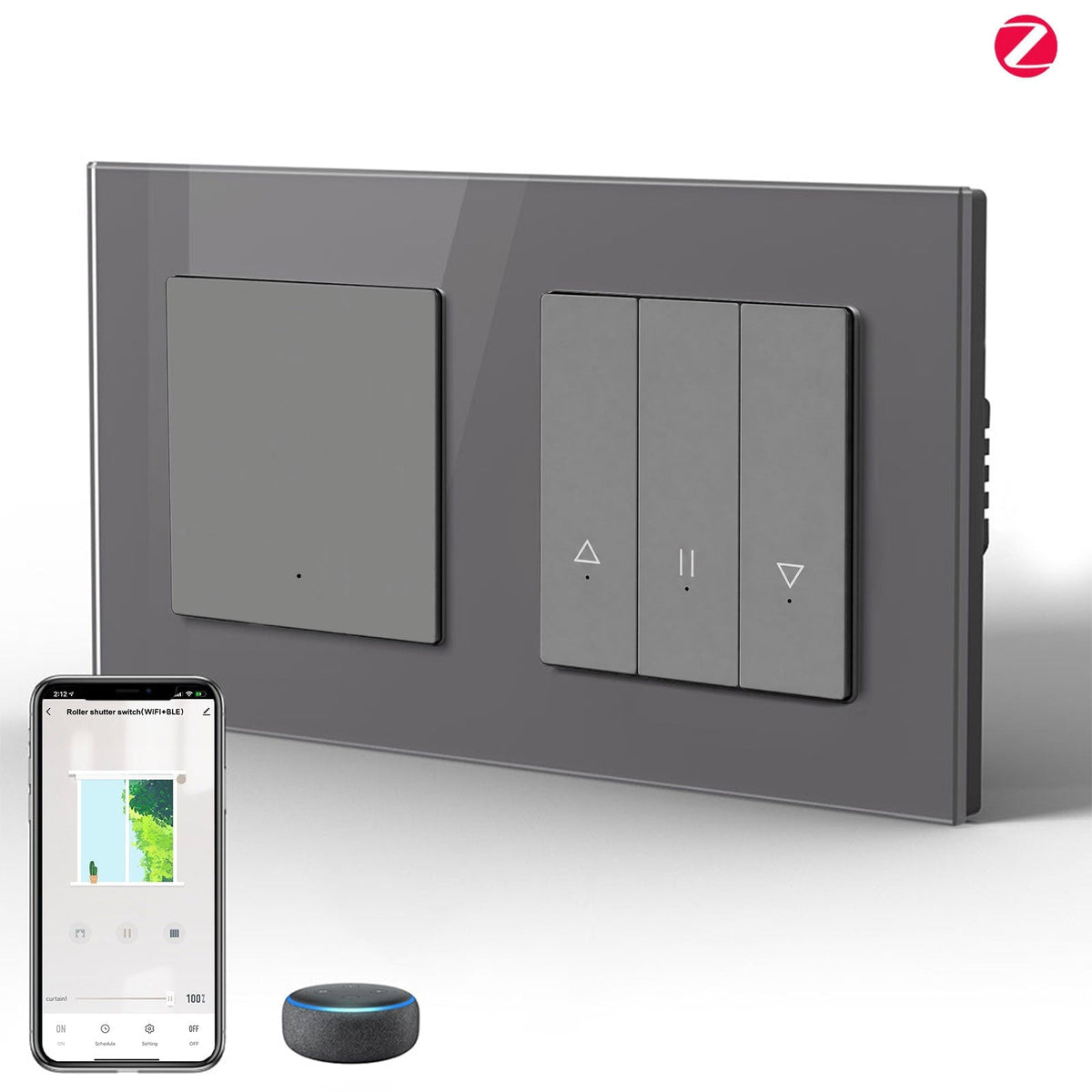 BSEED Smart Zigbee light switch avec interrupteur pour volet roulant (avec neutre), hub requis, compatible Tuya et Alexa, interrupteur gris 1 Gang + interrupteur pour volet