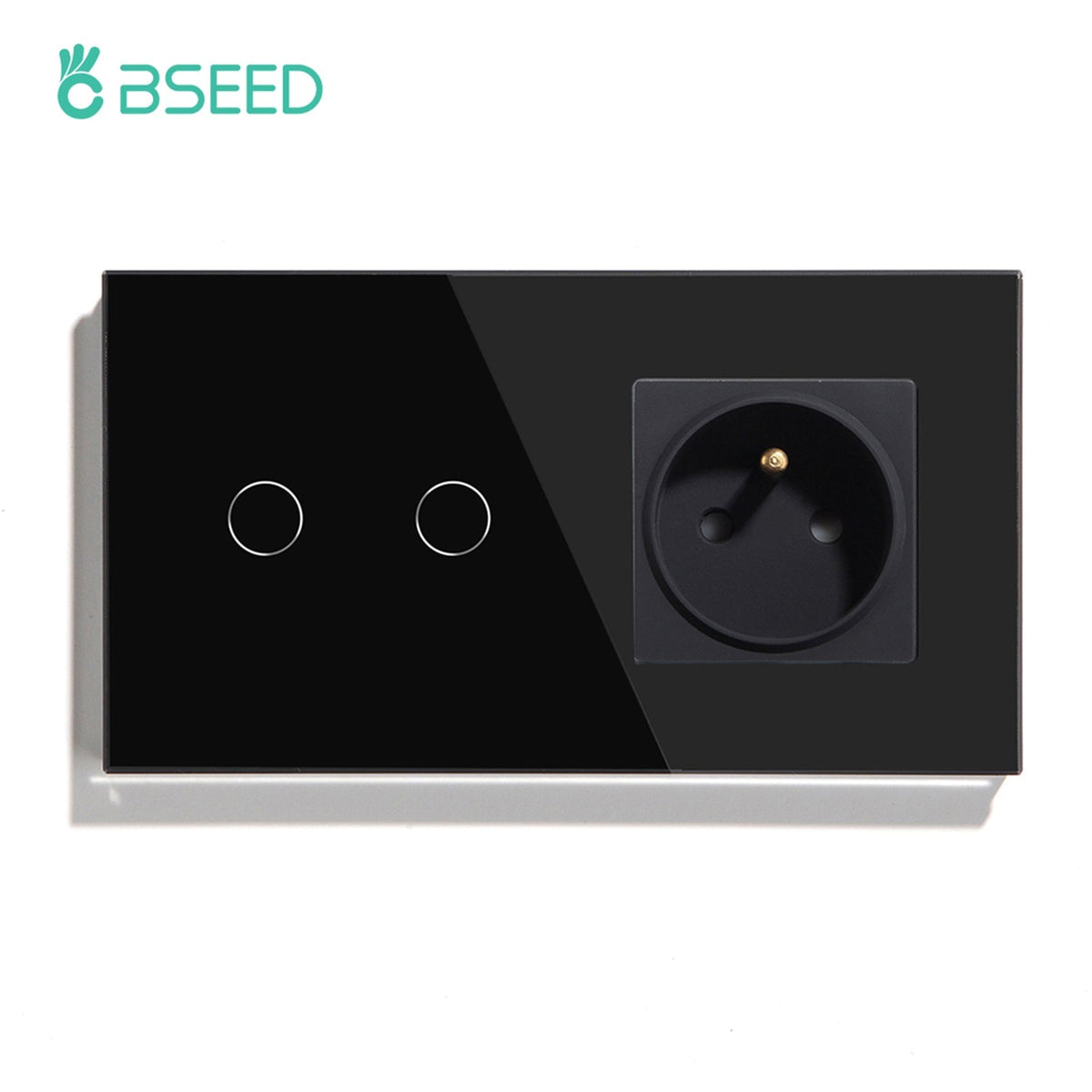 Bseed Touch Light Switch with FR Socket 300W E Type Plug Socket Wall Plates & Covers Bseedswitch Black 2 Gang 1 Way