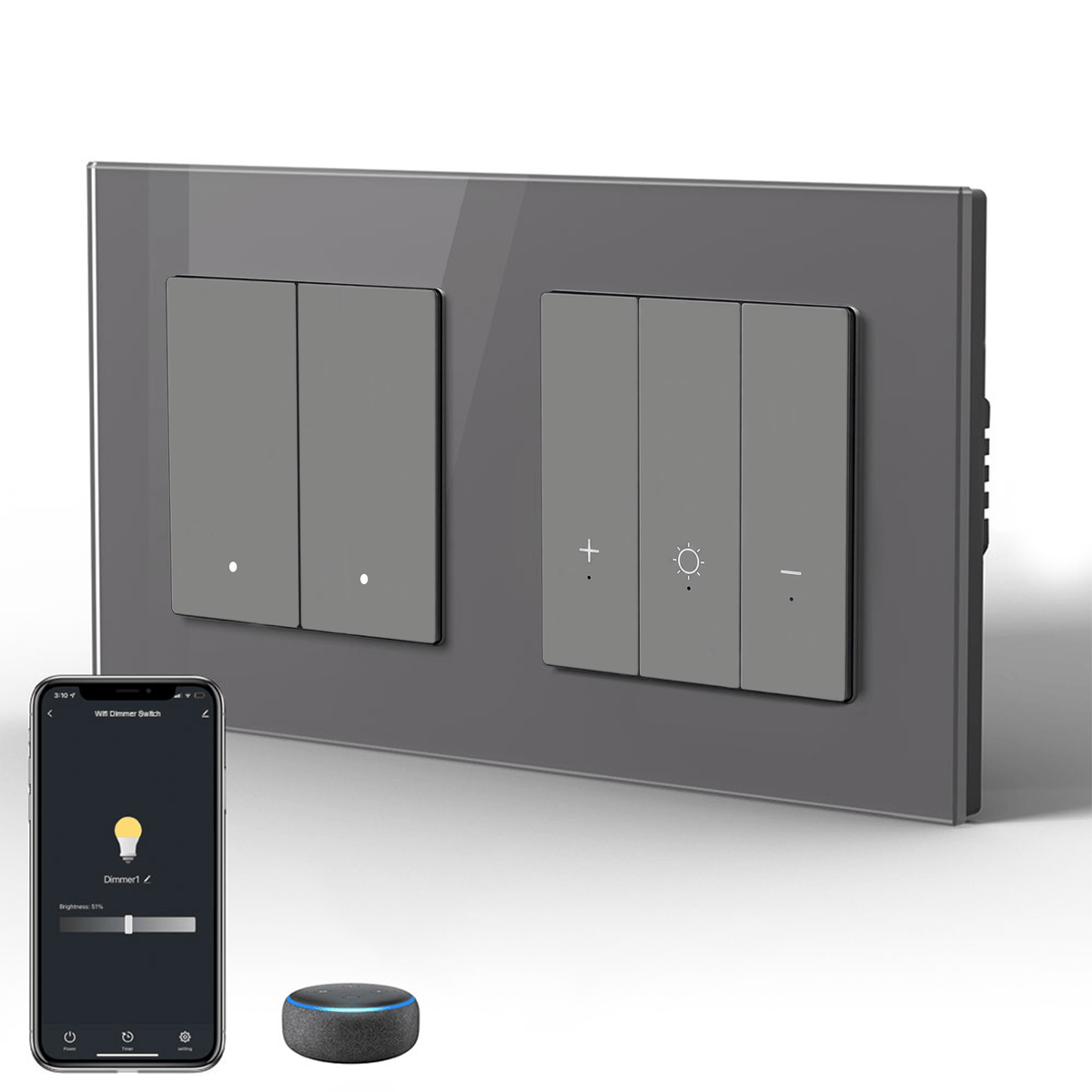 Bseed Echo Smart Wifi Light Switch with Dimmer switch Wifi Work With Alex Google Assistant Wall Plates & Covers Bseedswitch Grey 2 Gang Switch+Dimmer
