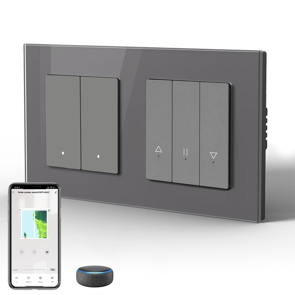 Bseed Echo Smart Wifi Light Switch With Wifi Roller Shutter Switch Work with Tuya Alex Google Assistant Blind Switch Home Automation Kits Bseedswitch Grey 2 Gang + Blind Switch