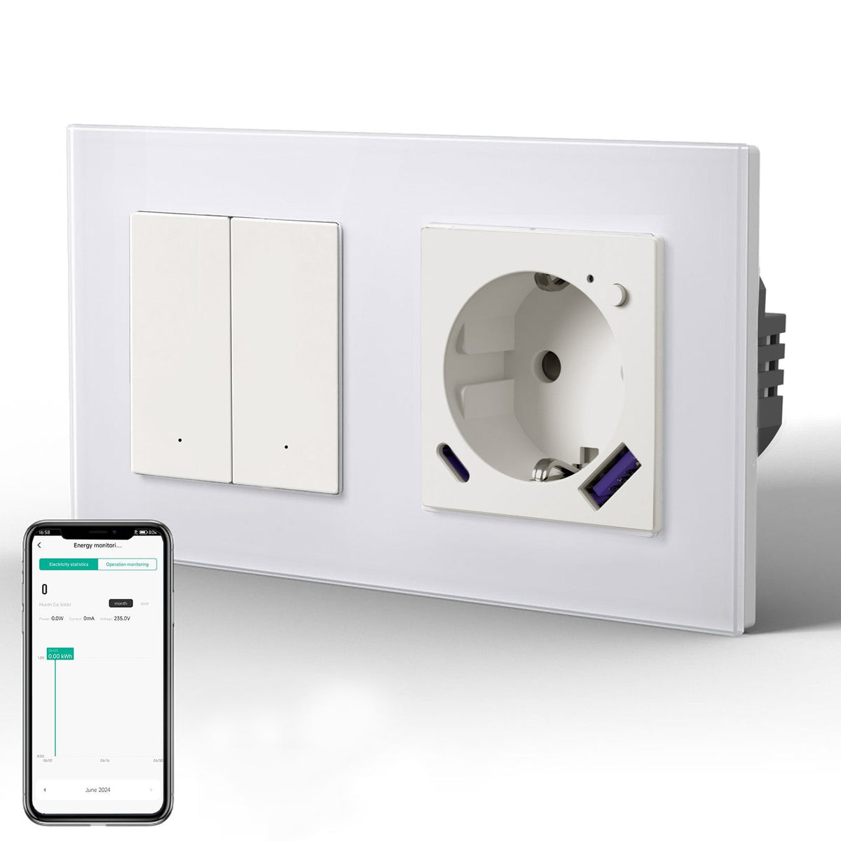 Echo Series Smart Wifi Switch With Wifi EU Socket Support energy monitoring with 20W usb type-c port 157mm Power Outlets & Sockets Bseedswitch White 2Gang