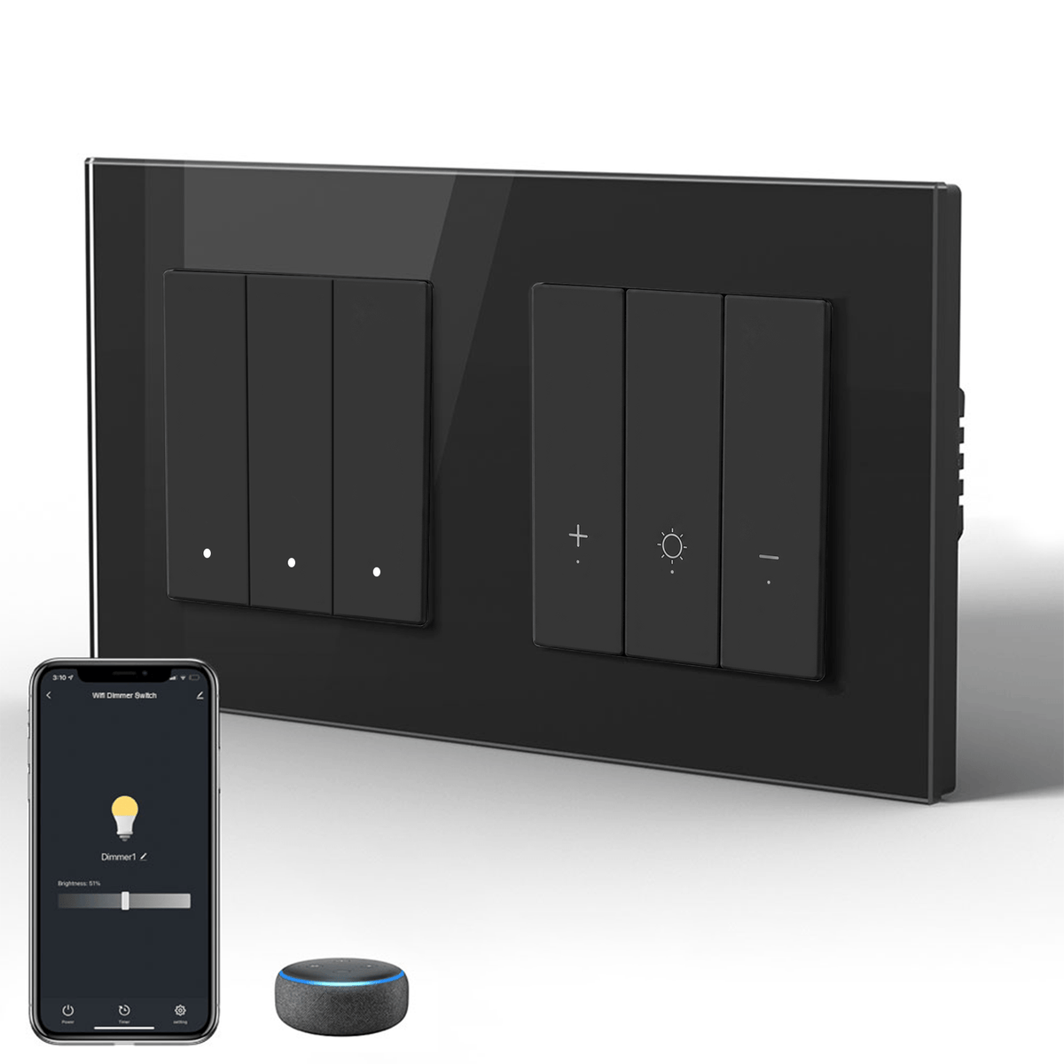 Bseed Echo Smart Wifi Light Switch with Dimmer switch Wifi Work With Alex Google Assistant Wall Plates & Covers Bseedswitch Black 3 Gang Switch+Dimmer
