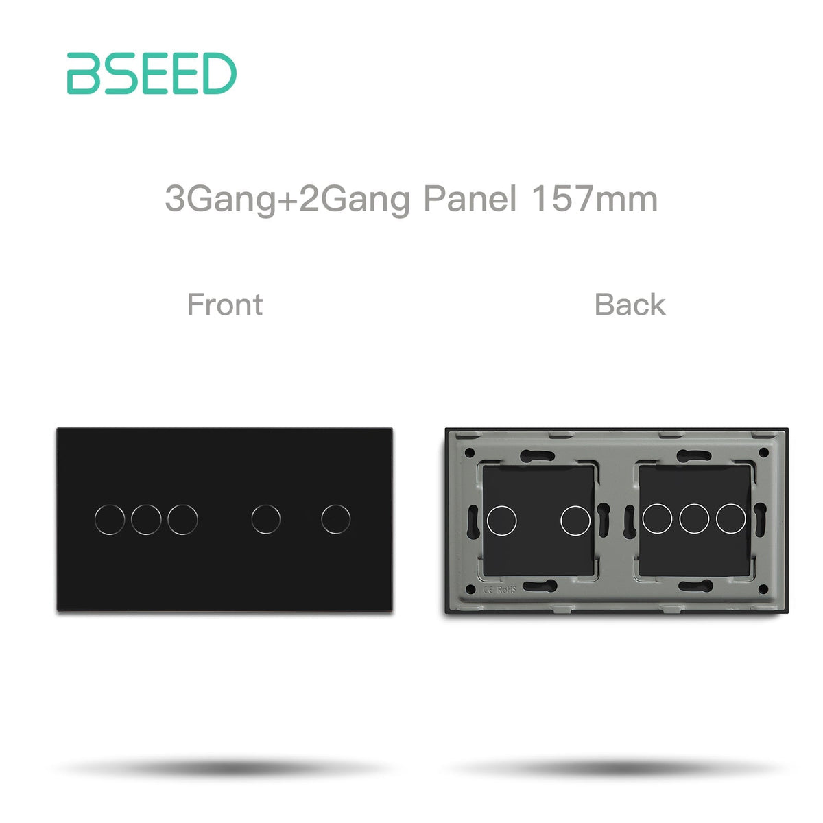 Bseed Glass Panel Light Switch Panel 157mm Double Switch Panel Bseedswitch Black 3+2
