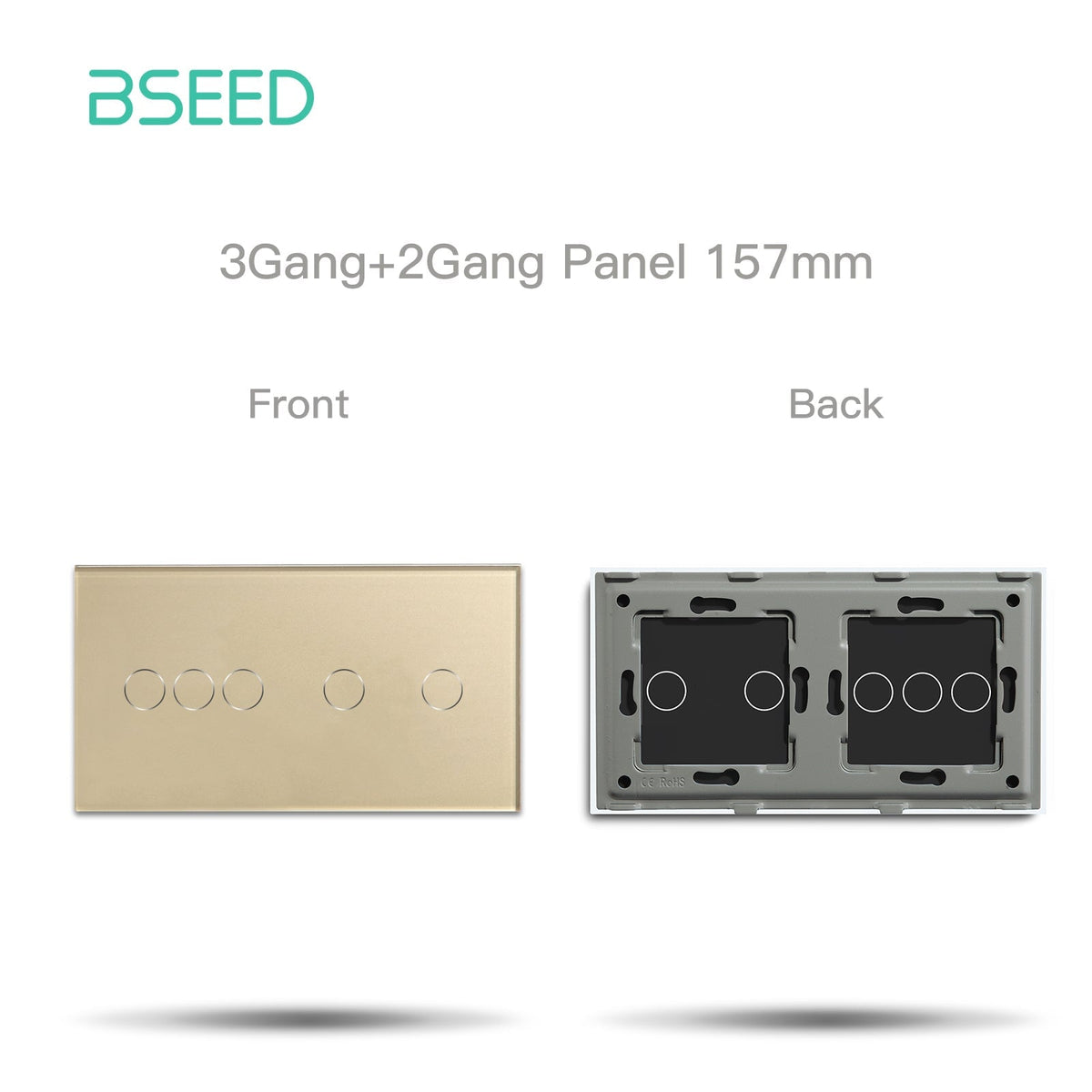 Bseed Glass Panel Light Switch Panel 157mm Double Switch Panel Bseedswitch Golden 3+2