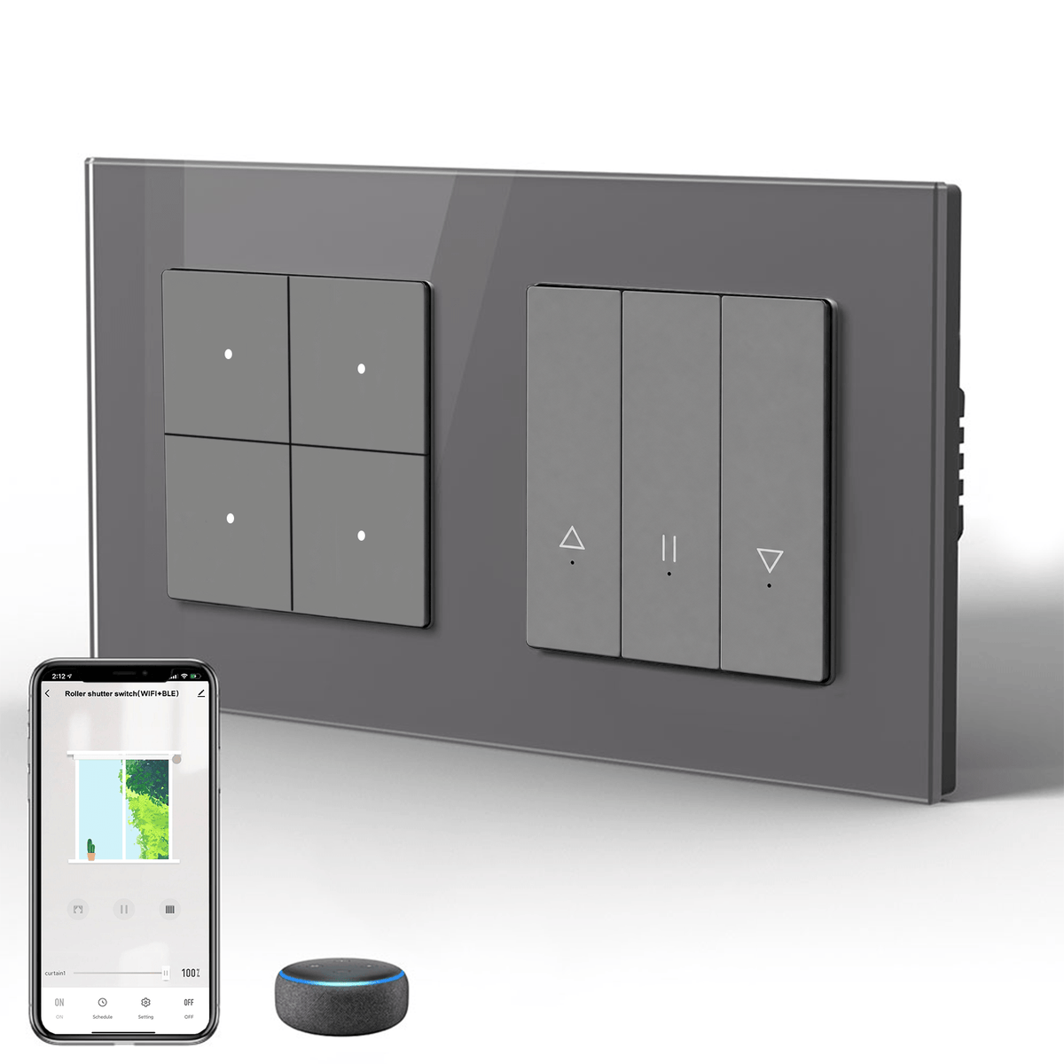 Bseed Echo Smart Wifi Light Switch With Wifi Roller Shutter Switch Work with Tuya Alex Google Assistant Blind Switch Home Automation Kits Bseedswitch Grey 4 Gang + Blind Switch
