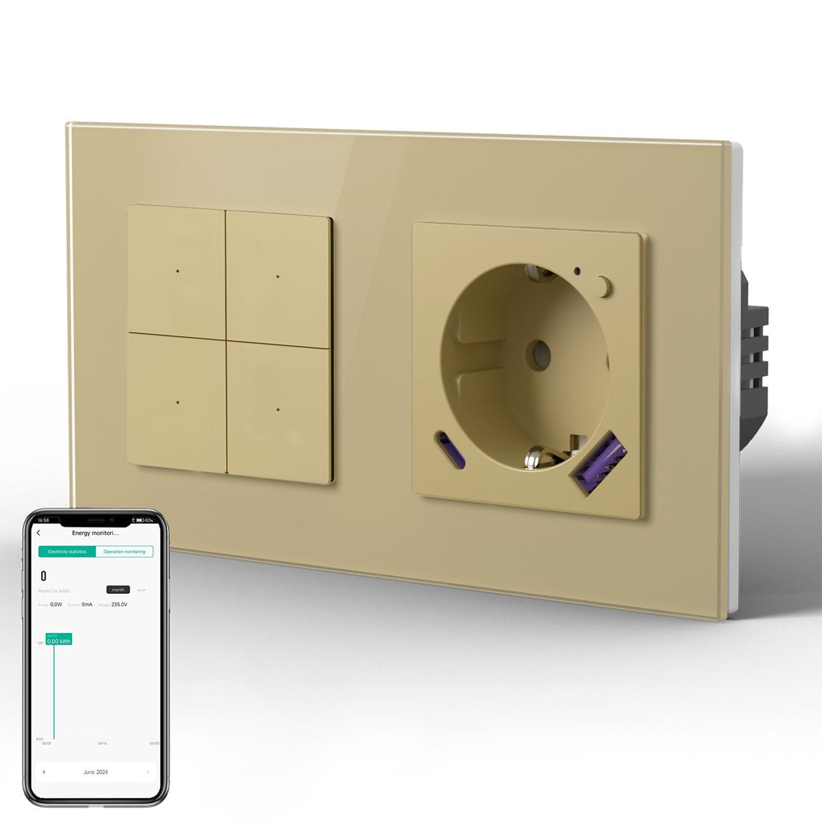 Echo Series Smart Wifi Switch With Wifi EU Socket Support energy monitoring with 20W usb type-c port 157mm Power Outlets & Sockets Bseedswitch Gold 4Gang