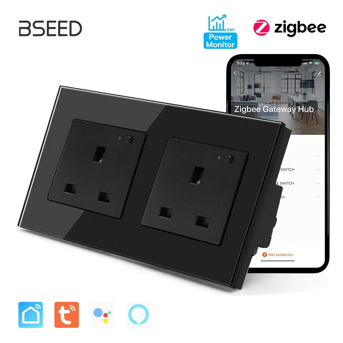 BSEED ZigBee UK Wall Sockets Power Outlets Kids Protection with metering Wall Plates & Covers Bseedswitch black Double