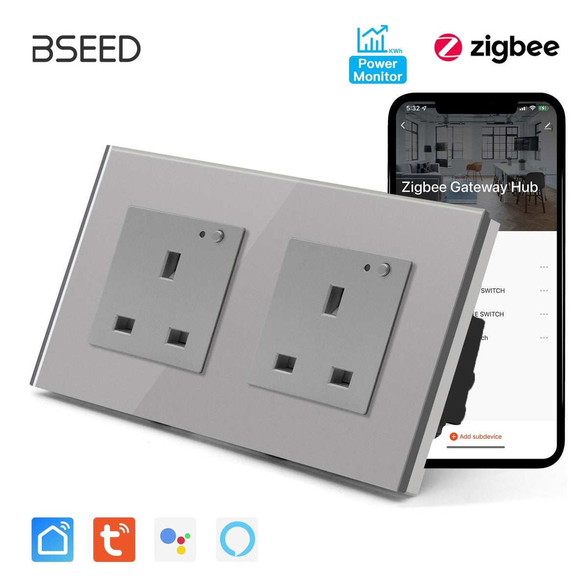 BSEED ZigBee UK Wall Sockets Power Outlets Kids Protection with metering Wall Plates & Covers Bseedswitch grey Double