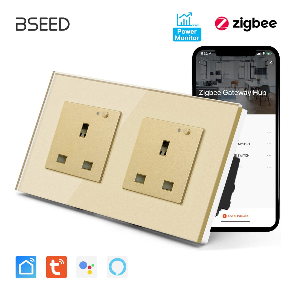 BSEED ZigBee UK Wall Sockets Power Outlets Kids Protection with metering Wall Plates & Covers Bseedswitch golden Double