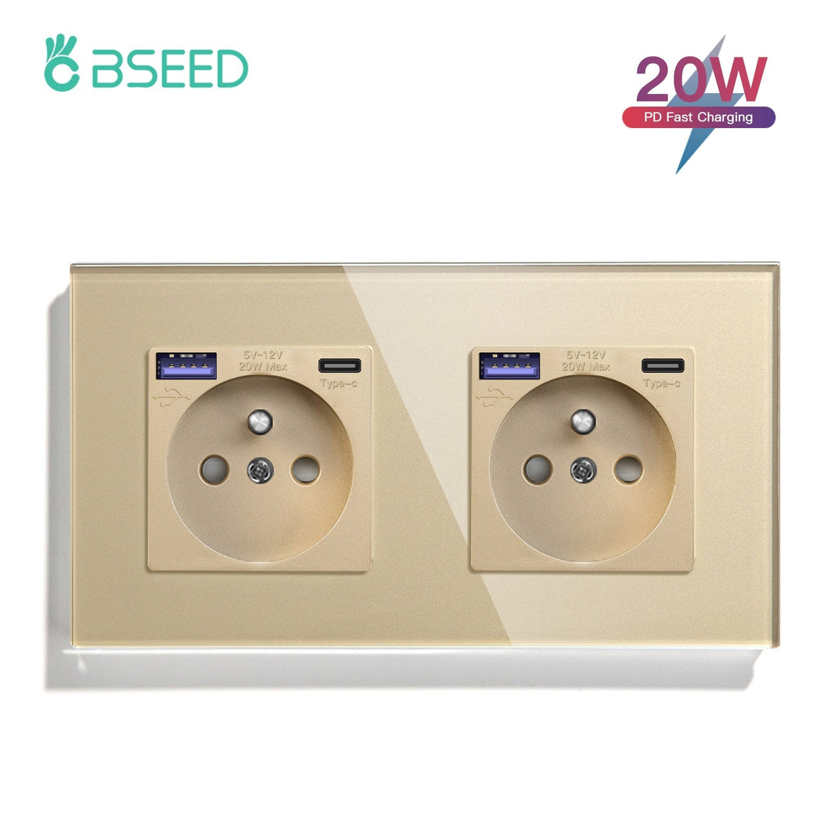 BSEED FR sockets with 20W PD Fast Charge Type-C Interface Outlet Wall Socket Power Outlets & Sockets Bseedswitch Golden Double