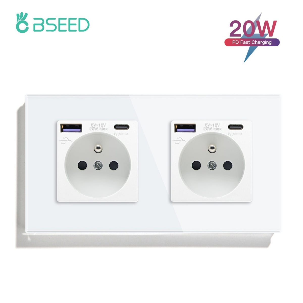 BSEED FR sockets with 20W PD Fast Charge Type-C Interface Outlet Wall Socket Power Outlets & Sockets Bseedswitch White Double