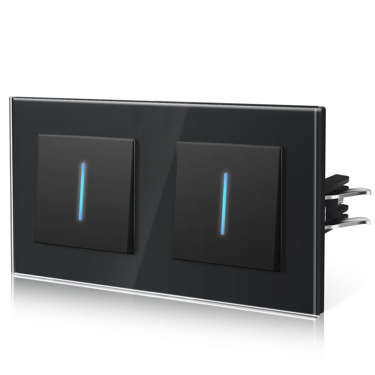 Bseed Echo Double Light Switch Glass Panel With Clamping technology with Neon Light Switches Bseedswitch Black 1 Gang 1 Way +1 Gang 1 Way