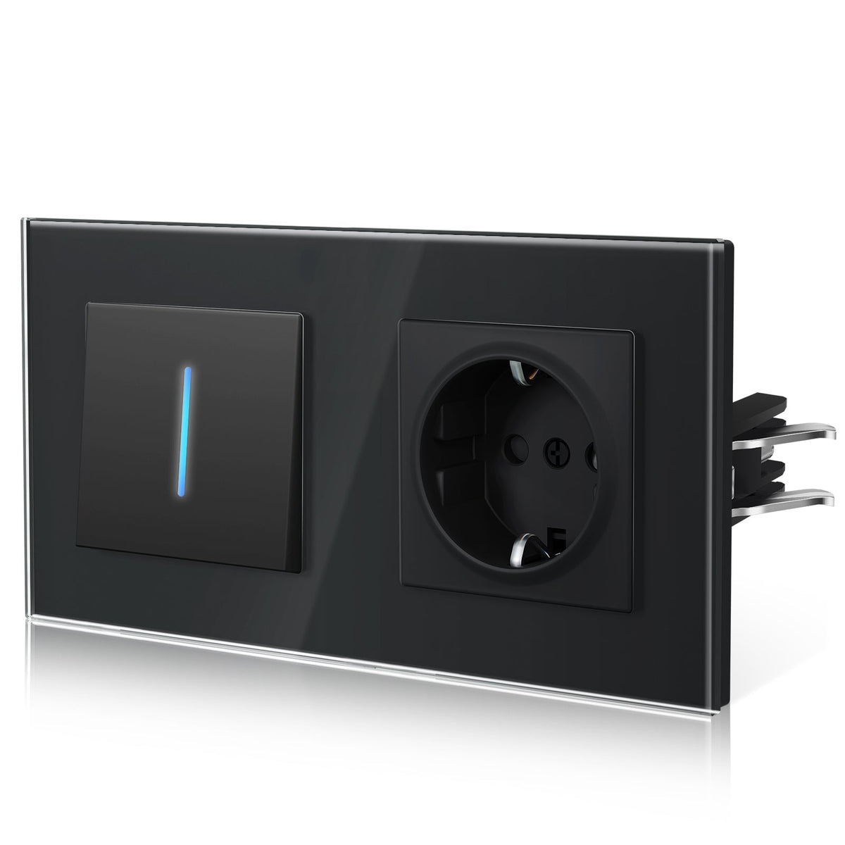 Bseed Echo Double Light Switch Glass Panel With Clamping technology with with Europe Socket Light Switches Bseedswitch Black 1 Gang 1 Way + Socket