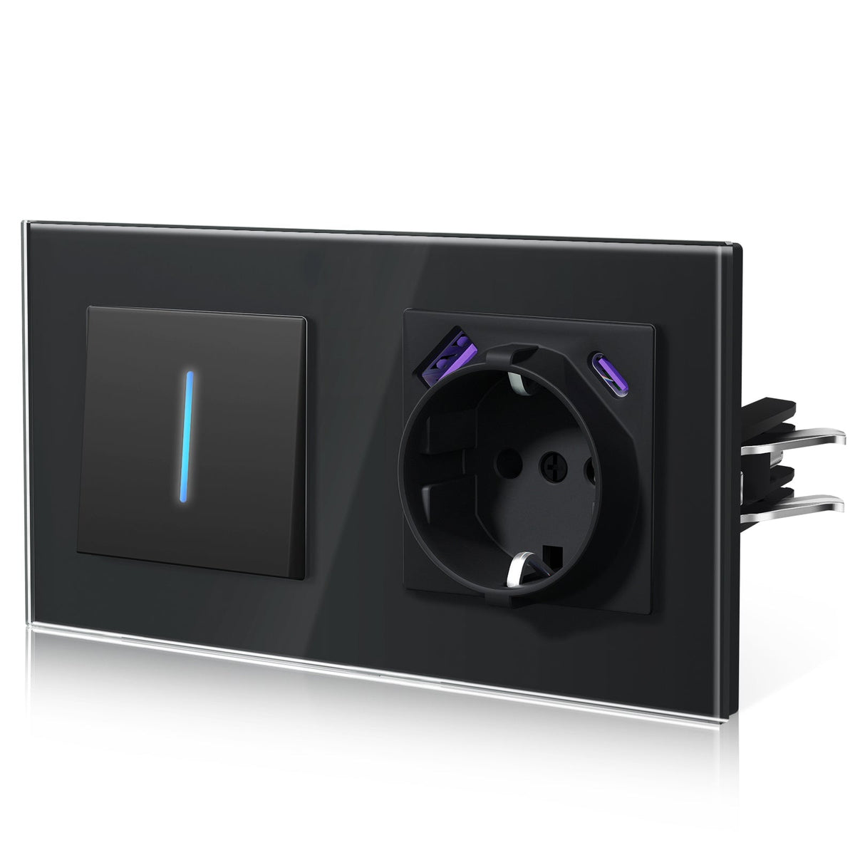 Bseed Echo Light Switch Glass Panel With Clamping technology with Europe Socket with USB type-c (Copy) Light Switches Bseedswitch Black 1 Gang 2 Way + Socket