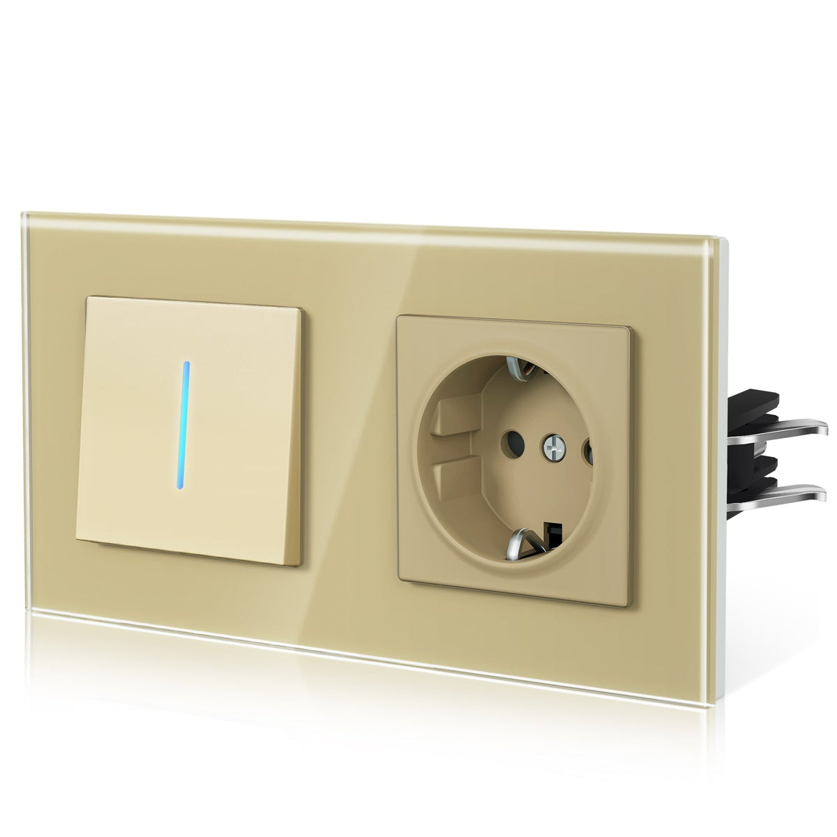 Bseed Echo Light Switch Glass Panel With Clamping technology with Europe Socket 16A Light Switches Bseedswitch Gold 1 Gang 1 Way + Socket
