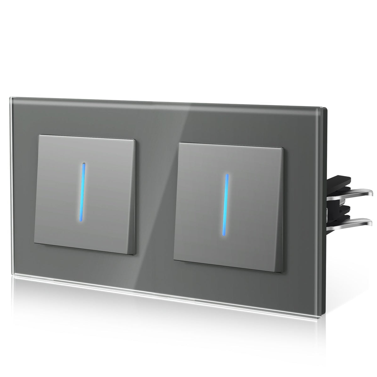Bseed Echo Double Light Switch Glass Panel With Clamping technology with Neon Light Switches Bseedswitch Grey 1 Gang 1 Way +1 Gang 1 Way