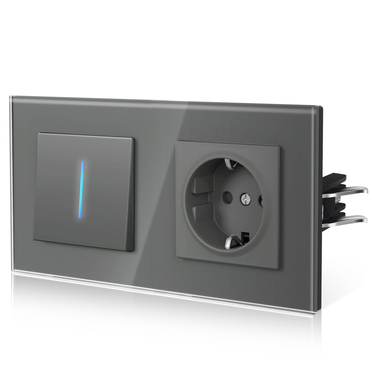Bseed Echo Double Light Switch Glass Panel With Clamping technology with with Europe Socket Light Switches Bseedswitch Grey 1 Gang 2 Way + Socket