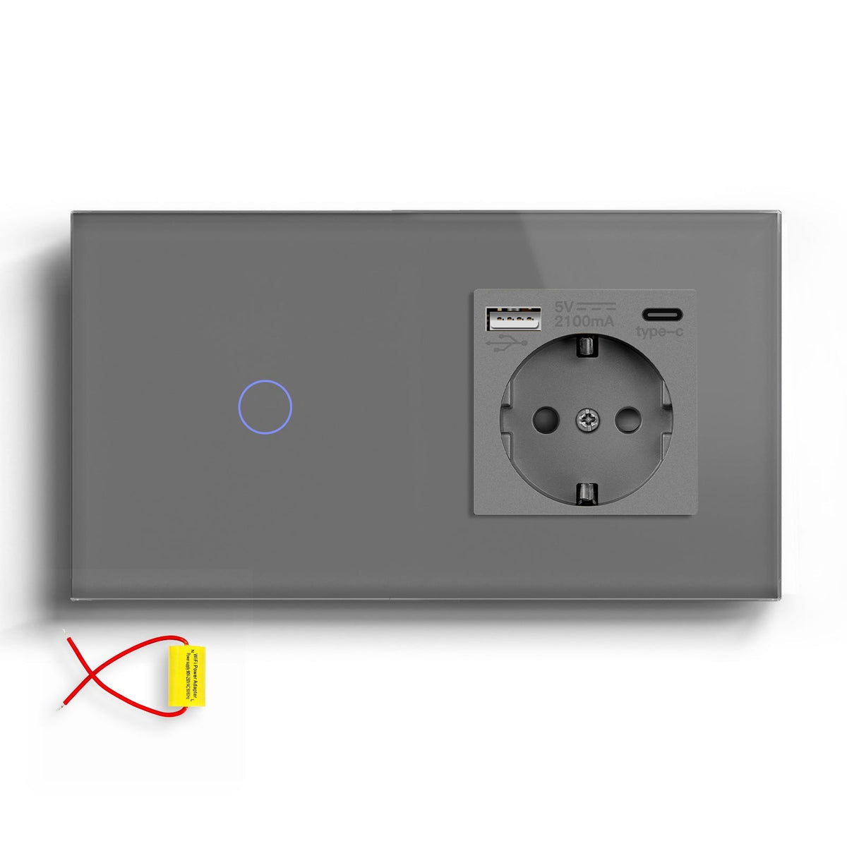 BSEED Single Line Wifi Light Switch with Eu socket type-c Plug 2.1A 157mm Light Switches Bseedswitch Grey 1Gang