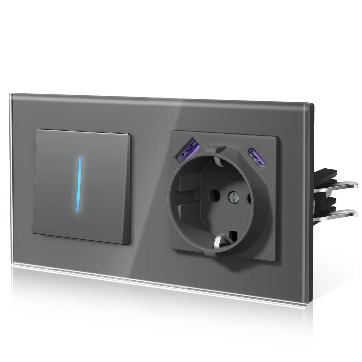 Bseed Echo Light Switch Glass Panel With Clamping technology with Europe Socket with USB type-c (Copy) Light Switches Bseedswitch Grey 1 Gang 2 Way + Socket