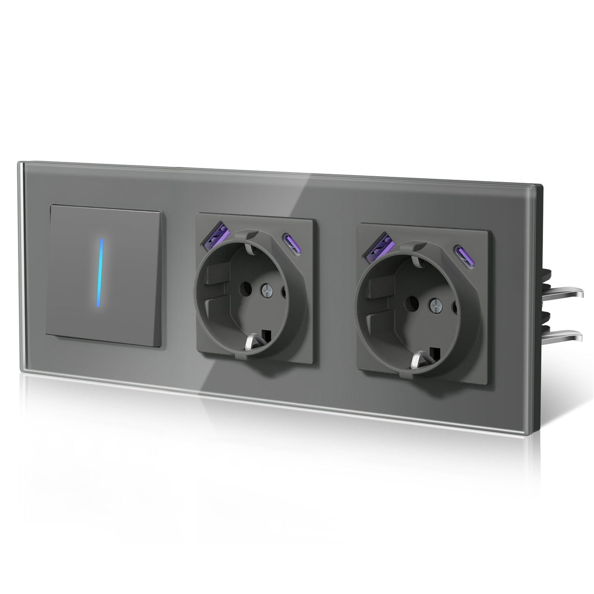 Bseed Echo Light Switch Glass Panel With Clamping technology with Double Europe Socket with USB type-c Light Switches Bseedswitch Grey 1 Gang 1 Way + Socket