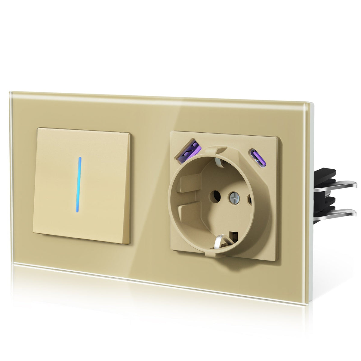Bseed Echo Light Switch Glass Panel With Clamping technology with Europe Socket with USB type-c (Copy) Light Switches Bseedswitch Gold 1 Gang 1 Way + Socket